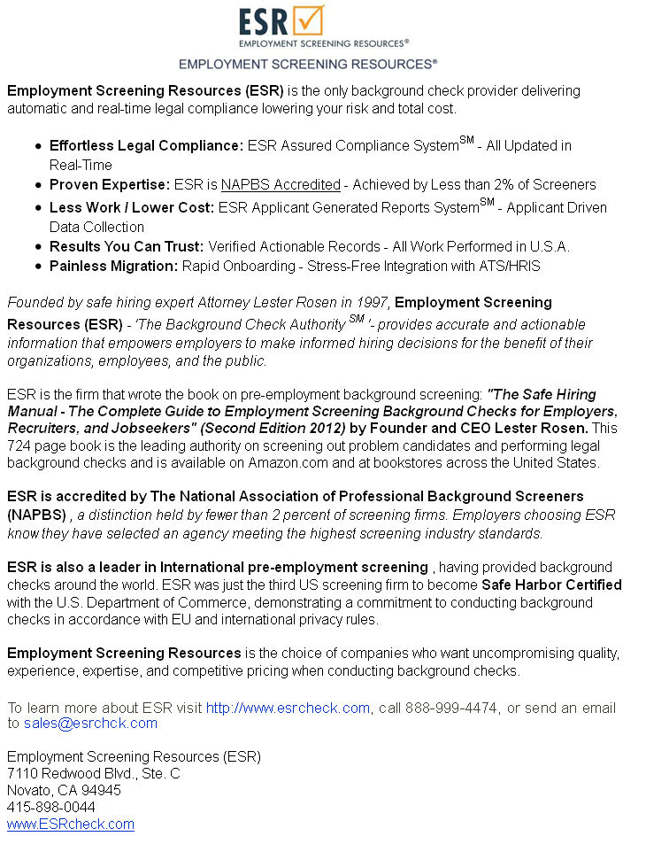 Employment Screening Resources (ESR)—Background Check Firm